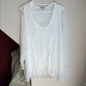 Bellambia Elegant Sheer White Silk Blouse with Embroidered Accents 2X